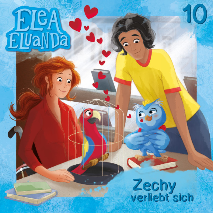 Das Hörspiel-Cover Nr. 10. - Cover hellblau, Elea, Ravi, Zechi und ein bunter Papagei sind abgebildet mit roten Herzen